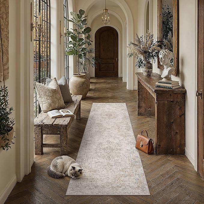 HUGEAR Hallway Runner Rugs 2x6 Washable Rug Beige Vintage Rug Carpet Low Pile Non Slip No Shedding Soft Durable Indoor Bedroom Kitchen Home Decor Floor Mat
