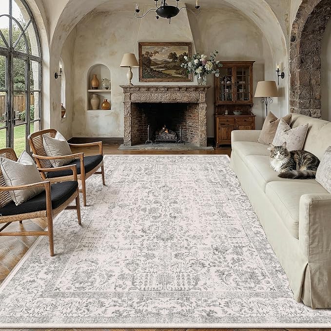 PureCozy Gray Area Rug 8x10 Machine Washable Large Vintage Living Room Distressed Non Slip Carpet Traditional Indoor Bedroom Grey Retro Floral Accent Throw Rug for Office Kitchen Dining Room