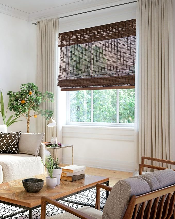 CHICOLOGY Bamboo Roman Shade, Cordless Light Filtering Woven Wood Window Treatment for Living Room, Dining Room, Kitchen & Office, Natural Bamboo Blinds for Boho Coastal Decor, Buffalo, 34"W x 64"H