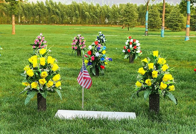 LVXINLI 2 Sets Artificial Cemetery Flowers,Outdoor Grave Decorations Roses,Beautiful Arrangements Bouquet with Cemetery Vase,Lasting and Non-Bleed Colors (Yellow)