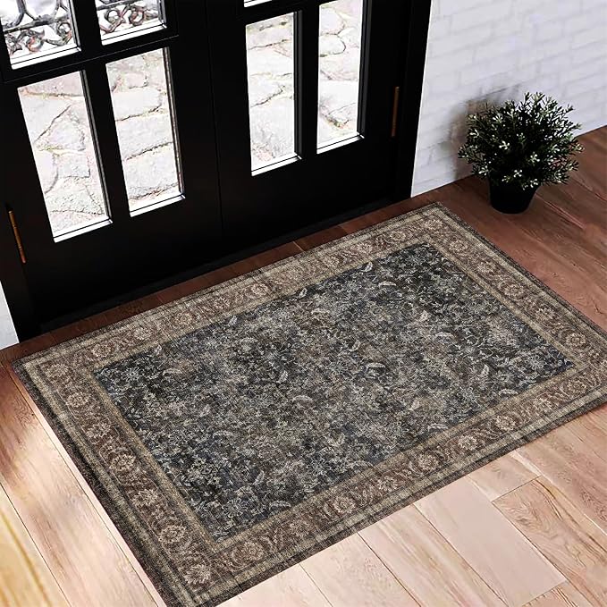 CHAMPLANT Washable Area Rug 2'x3' Door Mat Vintage Distressed Doormat Indoor Entrance Traditional Thin Rug Floral Print Non Slip Carpet for Kitchen Bathroom Bedroom Living Room