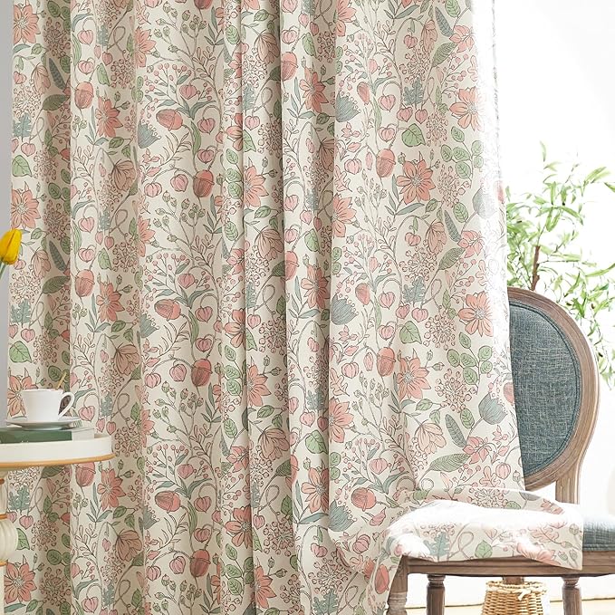 jinchan Nursery Curtains 95% Blackout Pink 84 Inch Long Floral Curtains for Girls Room, Farmhouse Drapes for Living Room Bedroom Darkening Window Treatment Grommet Top Set of 2 Panels