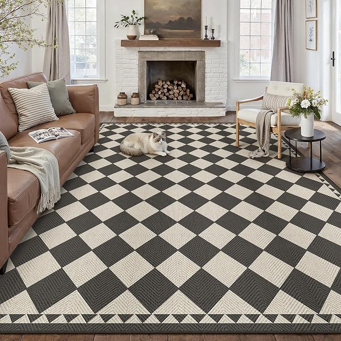 HUGEAR 8x10 Outdoor Rug Black/Beige Linen-Look Fabric Checkered Area Rug High Traffic Stain Resistant Easy Clean Durable Rugs for Indoor/Outdoor Patio Deck Balcony Porch Garden Courtyard