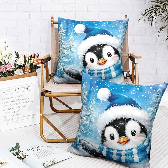 Winter Decorative Pillow Covers 16x16 Penguin Pillow Case Set of 2 Blue Winter Cotton Linen Cushion Case for Holiday Decorations Couch Outdoor Living Room