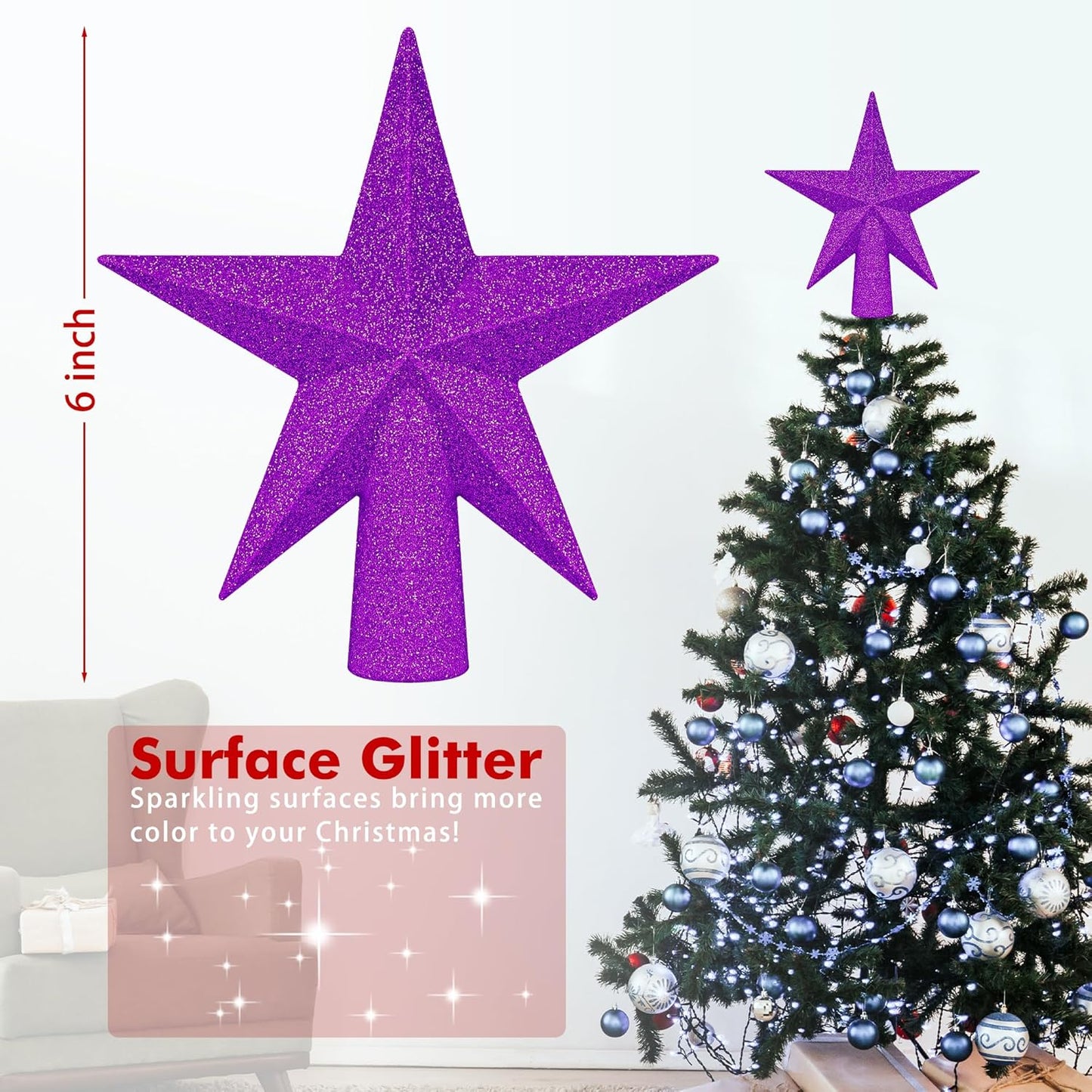 Christmas Tree Ornament, 6" Purple Star Christmas Tree Topper Decorations, Xmas Glitter 3D Bethlehem Star Tree Ornament, Waterproof Holiday Christmas Tree Topper Accessories for Home Outdoor