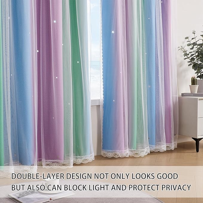 XiDi Green Purple Blue Curtains for Girls Bedroom Decor Kids Blackout Curtains for Nursery Room Darkening Rainbow Princess Unicorn Wall Decals Little Girl 52x45 Inches Long 2 Panels Set