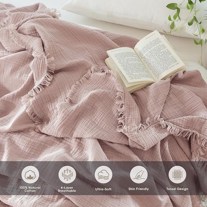 MooMee Muslin Blanket - 100% Cotton 4-Layer Gauze Throw Blanket with All-Around Fringe, Soft Breathable Lightweight Cooling Summer Blankets for Bed Couch(Greyish Pink,Oversize Queen 98" x 98")
