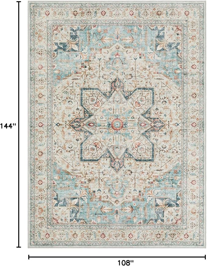 Tortania Area Rug Living Room Rugs - 9x12 Washable Boho Rug Vintage Oriental Distressed Farmhouse Large Thin Indoor Carpet for Living Room Bedroom Under Dining Table Home Office - Aqua Multi