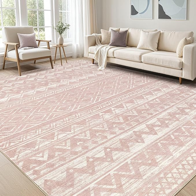 cotiled 5x7 Area Rug Living Room: Washable Boho Rugs with Non Slip Backing Large Soft Indoor Stain Resistant Carpet for Bedroom Farmhouse Dining Room Lightweight Home Decor Lotus Pink