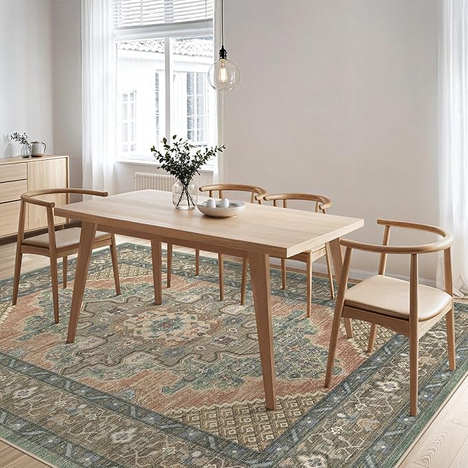 Tortania Area Rug Living Room Rugs - 10x14 Washable Boho Rug Vintage Oriental Distressed Farmhouse Large Thin Indoor Carpet for Living Room Bedroom Under Dining Table Home Office - Sage Terracotta