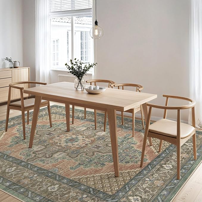 Tortania Area Rug Living Room Rugs - 5x7 Washable Boho Rug Vintage Oriental Distressed Farmhouse Large Thin Indoor Carpet for Living Room Bedroom Under Dining Table Home Office - Sage Terracotta