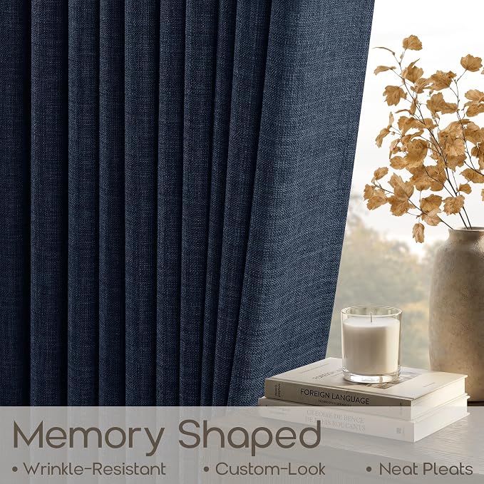 Navy Blue Pleated Linen Curtains 90 Inches Long 2 Panels Modern Custom Made Memory Trained Shaped Flax Linen Drapes with Back Tab for Bedroom Living Boy Room Semi Sheer Pinch Pleat Curtains 40x90