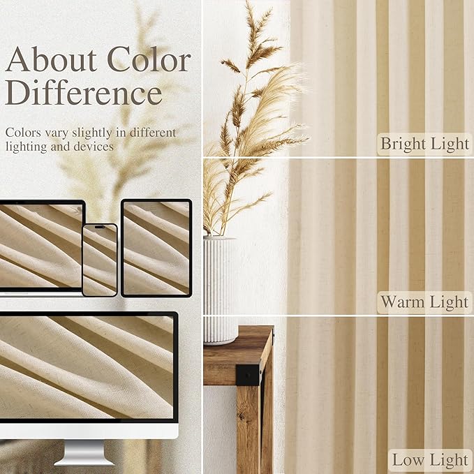 Extra Long Tan Linen Curtains 120 Inches for Living Room Back Tab Neutral Farmhouse Drapes Light Filtering Semi Sheer Curtain 120 inch for Floor to Ceiling Window Patio Sliding Door,2 Panels