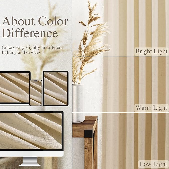 Tan Linen Curtains 90 Inch for Living Room Rod Pocket Back Tab Window Drapes Light Filtering Vintage Style Modern Farmhouse Curtain for Dining Room Bedroom 52x90,2 Panels
