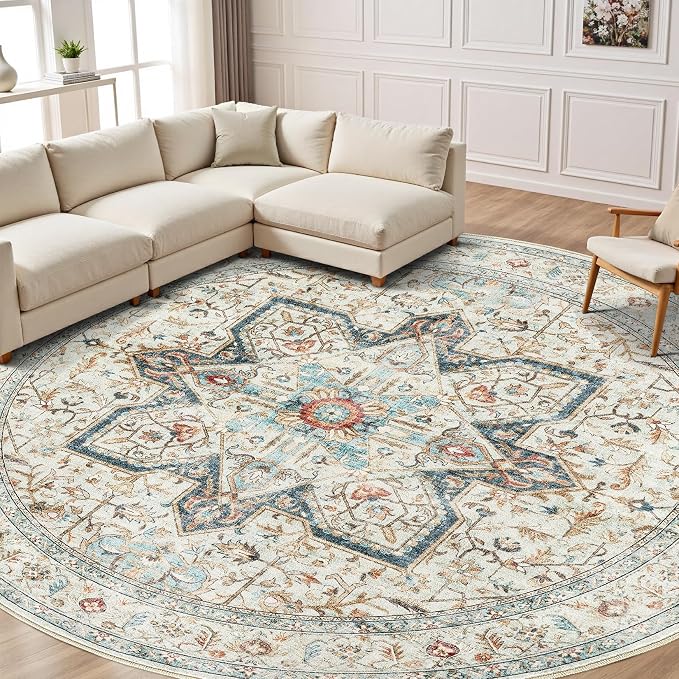 Tortania 8' Round Area Rug Living Room Rugs - Washable Boho Rug Vintage Oriental Distressed Farmhouse Large Thin Indoor Carpet for Bedroom Under Dining Table Home Office - Aqua Multi
