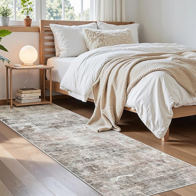 Soalmost Washable Runner Rug, 2'6" x 8' Non-Slip Kitchen Vintage Foldable 2.5x8ft Hallway Runners for Entryway, Laundry, Bedroom, Pink/Grey