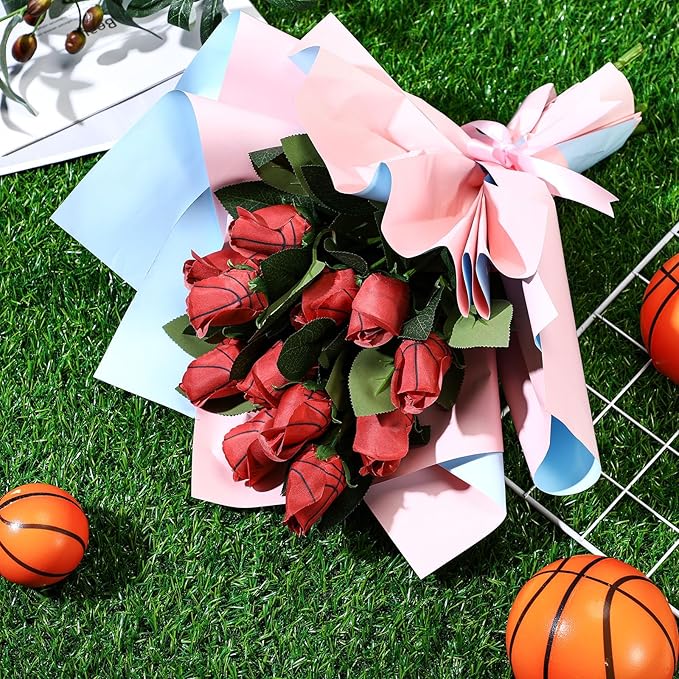 Suhine 12 Pcs Artificial Basketball Rose Flowers Sports Party Favors Bulk for Birthday Graduation Wedding Party Decoration Table Centerpieces Mom Team Coach Senior Night Gift(Basketball Color, Normal)