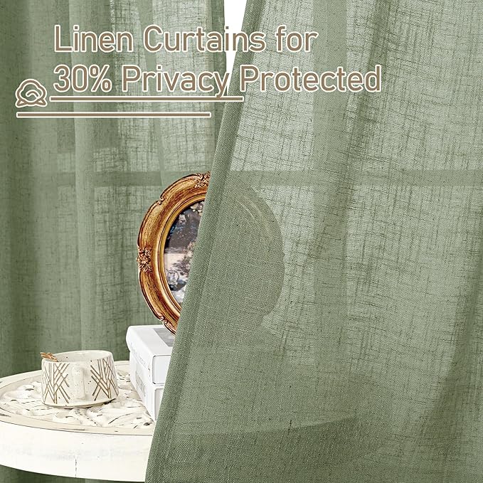 LAMIT 95 Inches Long Sage Green Linen Curtains for Living Room, Back Tab and Rod Pocket Linen Textured Curtains Light Filtering Boho Drapes for Bedroom/Dining Room, Set of 2, 52 x 95 Inch