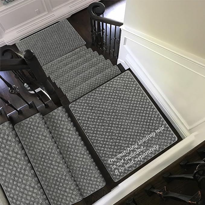 PURE ERA Bullnose Carpet Stair Treads Set Tape Free Non-Slip Indoor Stair Protectors Pet Friendly Rugs9.5" x 30"(7 Pieces,Grey Mini-Diamond Trellis)
