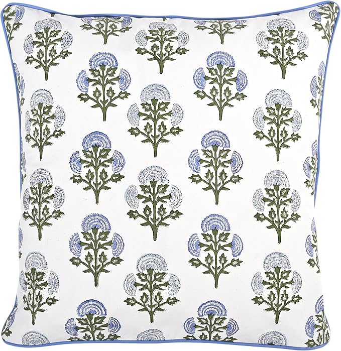 Ridhi Block Print Mughal Buta Blue Pillow Cover 24" x 24" (Pack of 2) Decorative Couch Pillows for Living Room, Chic Boho Cute Outdoor Pillows Covers Gifts for Spring, Easter and Valentine