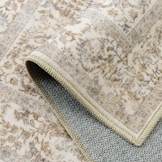 PureCozy Light Brown Runner Rug 2'6"x10' Washable Carpet for Hallway Kitchen Vintage Distressed Non Slip Indoor Retro Floral Bedroom Accent Throw Long Rug Bathroom Office Laundry Dining Living Room