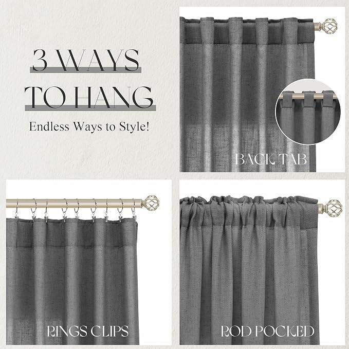 Jowels Dark Grey Linen Curtains 96 Inch Long 2 Panels for Living Room | Light Filtering Semi Sheer Curtain, Back Tab Pocket Pleated Look, Boho Farmhouse Textured Privacy Drapes for Bedroom Window
