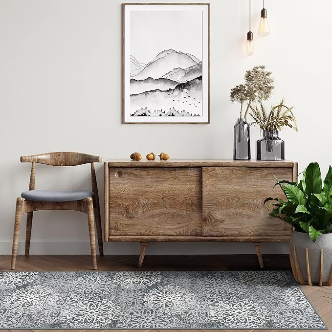 Superior Indoor Runner Rug, Jute Backed, Perfect for Entryway, Office, Living/Dining Room, Bedroom, Kitchen, Hardwood Floor, Floral Scroll Decor, Leigh Collection, 2' 7" x 8', Slate