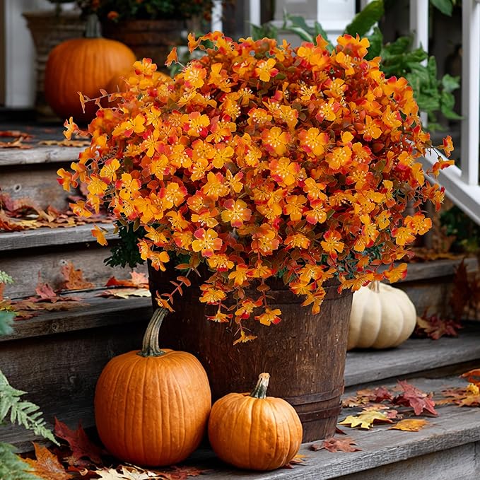 AXYLEX Artificial Fall Flowers Outdoor Fake Mums - 12 Bundles Fake Plants UV Resistant No Fade Faux Plastic Greenery Garden Porch Patio Fall Home Decor(RedOrangeYellow)