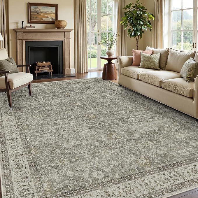 Living Room Rug 8x10 Neutral Gray, Washable Non Slip Carpet for Dining Room Low Pile Thin, Transitional Modern Faromhouse Print Area Rugs for Bedroom Home Office Playroom, Gray/Beige/Olive