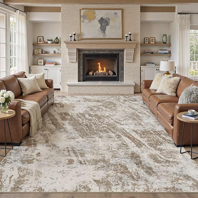 DMOYEST 10x12 Washable Area Rug: Abstract Modern Non-Slip Carpet, Soft Low Pile Indoor Neutral Easy Clean Floor Rugs for Living Room Bedroom Dining Room Kids & Pets - Brown