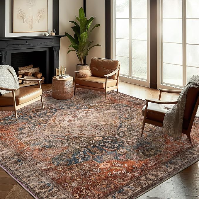 chamler 10'x14' Washable Area Rug Boho Chic Medallion Distressed Design Non-Shedding Easy Care Ideal for High Traffic Areas in Rug for Living Room Bedroom Office Coffee Table Large Carpet