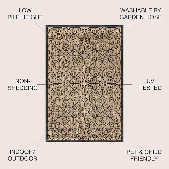 JONATHAN Y Vintage Filigree Indoor Outdoor Round Area Rug 4 Ft Black/Khaki, Madrid Textured Weave for Backyard, Patio, Porch, Easy-Cleaning, High Traffic, Pet-Friendly, Non-Shedding (SMB107A-4R)