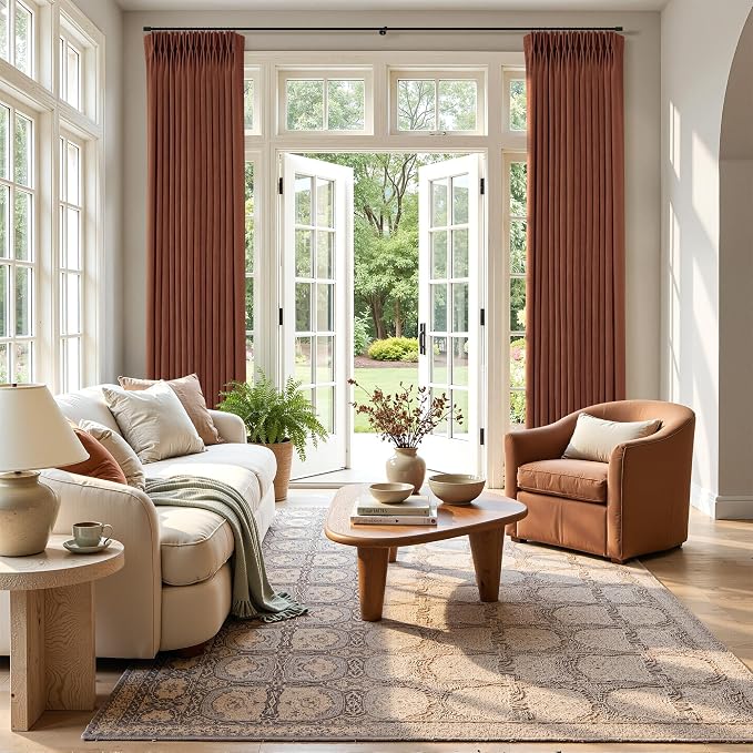 Terracotta Burnt Orange Thick Linen Curtains Pinch Pleated 108 Inch Length 2 Panels for Living Room Bedroom Semi Sheer Light Filtering Heavy Linen Drapes