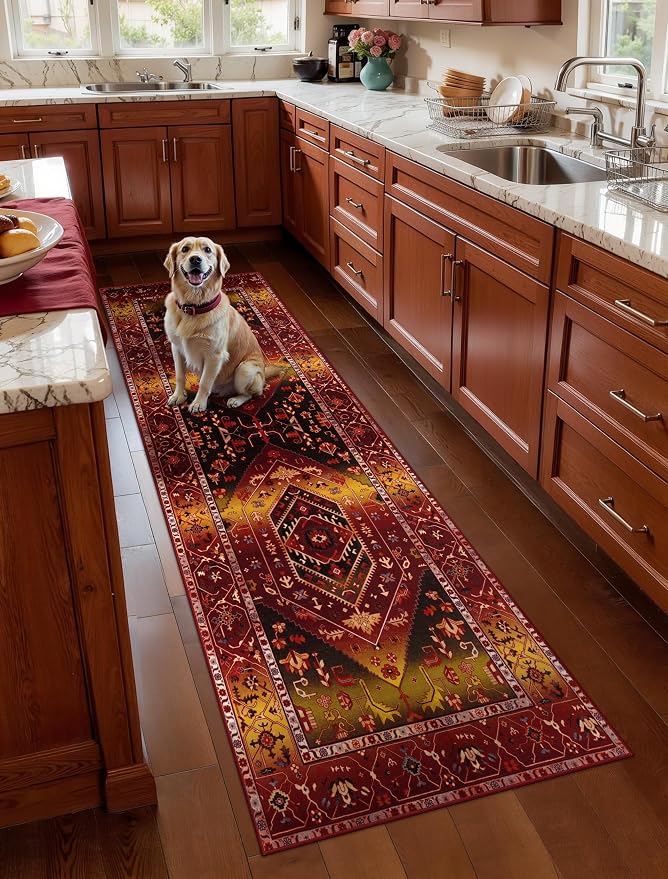 SERISSA Boho Washable Runner Rug, 2x6 Rug Runner Non-Slip Vintage Rustic Red Gold Hallway Kitchen Runner Rug Ultra Soft Print Distressed Floor Carpet Runner for Bedroom Bathroom Laundry Living Room