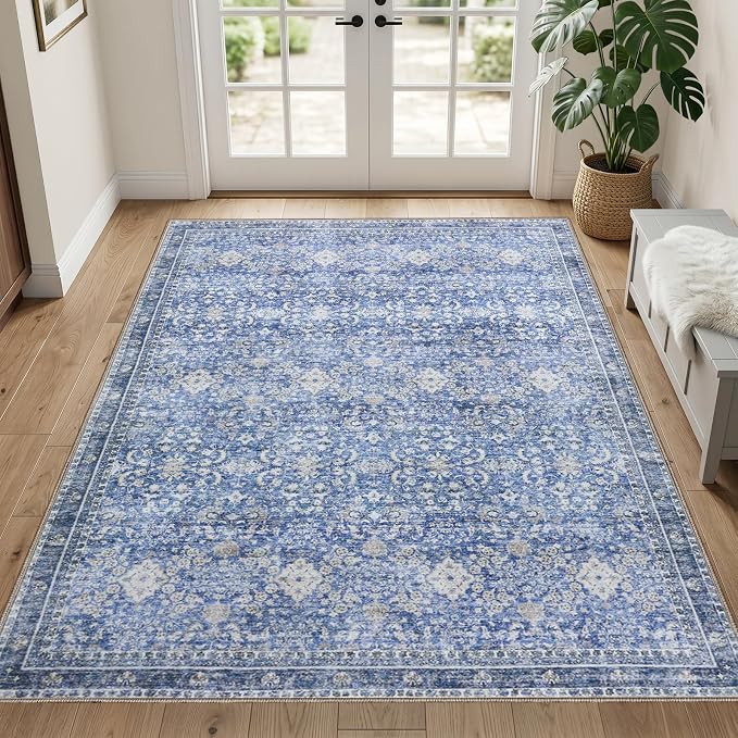 Sasttie 3x5 Rug, Ultra-Soft Washable Rug, Low Pile Foldable Thin Carpets with Non-Slip Backing, Skin-Friendly Stain Resistant Carpet for Living Room, Bedroom, Kitchen, Dorm, 3x5, Blue