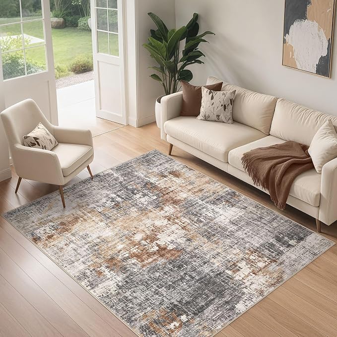 DMOYEST Area Rug Living Room Rugs - 4x6 Abstract Small Soft Indoor Washable Rug Neutral Modern Low Pile Carpet for Bedroom Dining Room Farmhouse Home Office - Grey Brown
