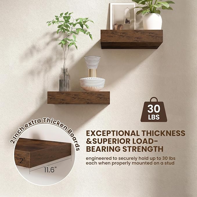 FLYJOE 12 Inch Floating Shelves, Brown Square Floating Shelves Set of 2, 12''W x 12''D Wood Shelves for Wall, Deep Shelves for Bathroom Living Room, Engineered Wood, Mounting Hardware Included
