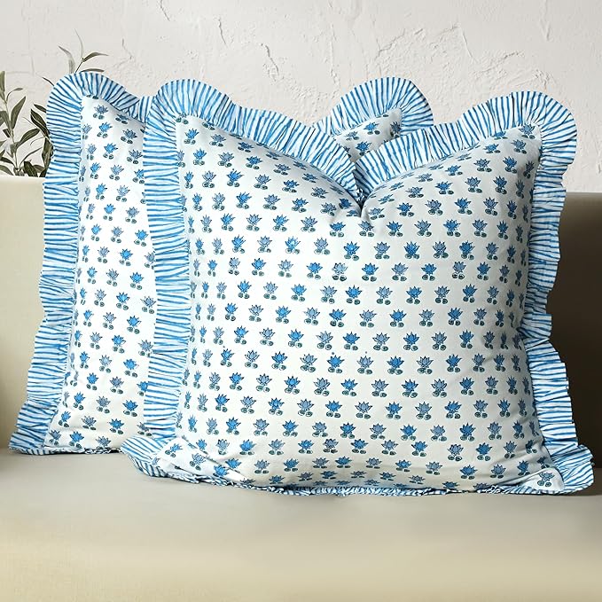 CPC Arctic Blue Hand Block Print 100% Cotton Ruffle Throw Pillow Cover 20x20 inch with Hidden Zipper Decorative for Couch, Bed, Sofa, Farmhouse, Cottagecore Decor Gift Christmas Fall Thanksgiving