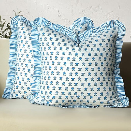 CPC Arctic Blue Hand Block Print 100% Cotton Ruffle Throw Pillow Cover 20x20 inch with Hidden Zipper Decorative for Couch, Bed, Sofa, Farmhouse, Cottagecore Decor Gift Christmas Fall Thanksgiving