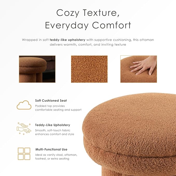 Furniture of America Rami Modern 17.5-inch Mushroom-Shape Upholstered Ottoman with Tri-Pillar Pedestal, Vanity Stool Chair, Small Foot Stool for Bedroom, Living Room, Entryway, Brown