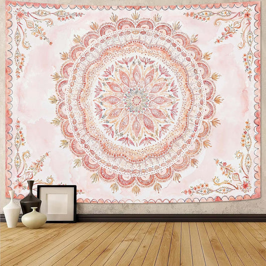 Fowocu Boho Floral Mandala Tapestry Wall Hanging Pink Bohemian Flower Medallion Tapestry Aesthetic Watercolor Hippie Indian Small Tapestries for Bedroom Living Room Dorm Decor 40 x 30 Inch