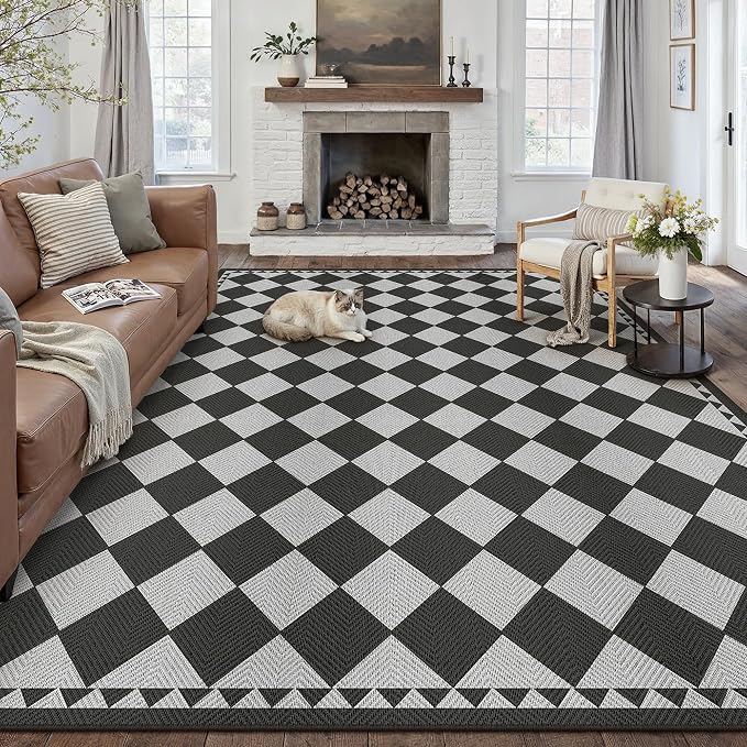 HUGEAR 8x10 Outdoor Rug Black/Grey Linen-Look Fabric Checkered Area Rug High Traffic Stain Resistant Easy Clean Durable Rugs for Indoor/Outdoor Patio Deck Balcony Porch Garden Courtyard