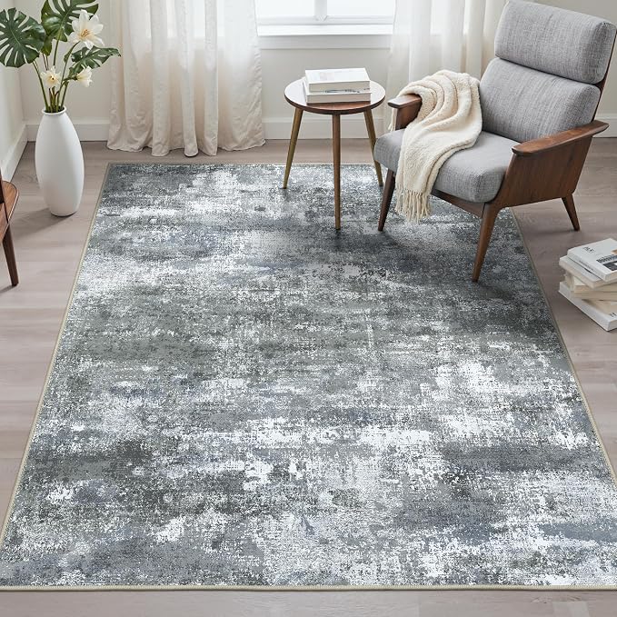 BEIMO Area Rugs 8x10 for Living Room Bedroom, Modern Abstract Machine Washable Rug, Large Soft Low Pile Floor Carpet with Non Slip Backing for Dining Room, Silver Grey