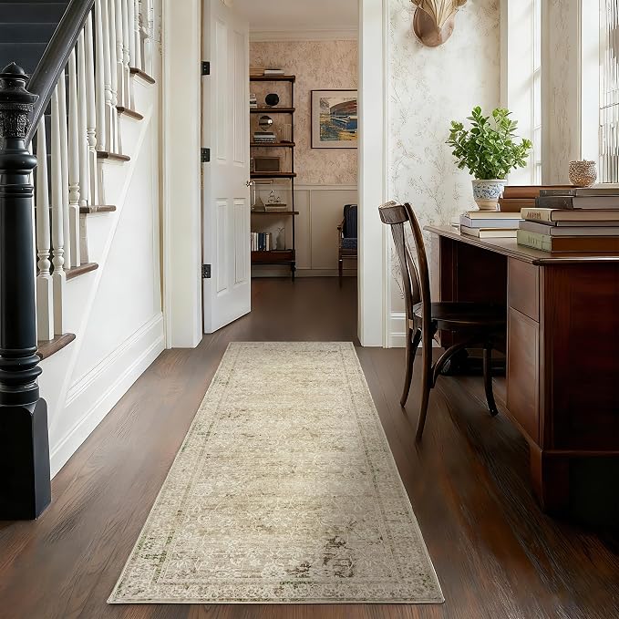 Neutral Farmhouse Hallway Rug Runner 2x6 Washable Non Slip Rubber Backing Vintage Modern Boho Runners Rugs for Entryway Indoor Kitchen Bathroom,Tan Brown and Cream Beige