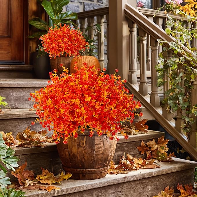 AXYLEX Artificial Fall Flowers Outdoor Fake Mums - 12 Bundles Fake Plants UV Resistant No Fade Faux Plastic Greenery Garden Porch Patio Fall Home Decor (OrangeYellow)