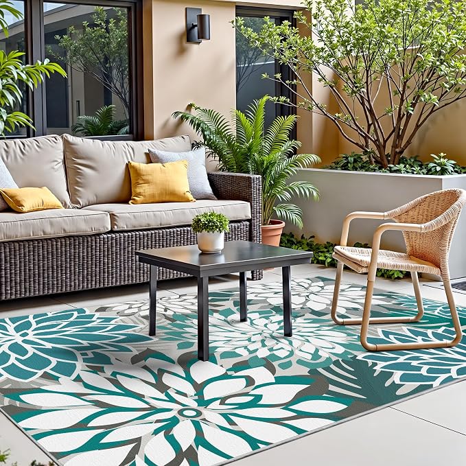Colorful 5x8 Outdoor Area Rug Washable Multicolored Patio Rug Tropical Botanical Floral Chenille Waterproof Outdoor Carpet for Living Room, Deck, Backyard, Porch, Teal