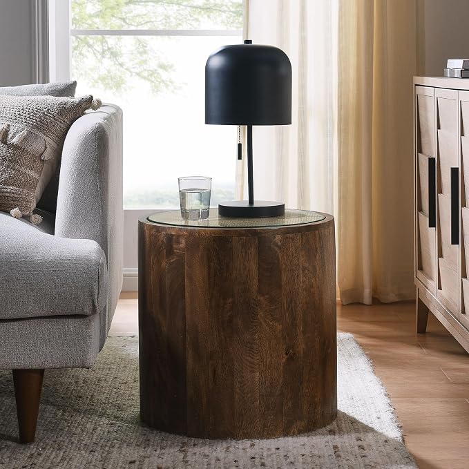 Modway Truett Wood Rattan Round Side Table in Walnut