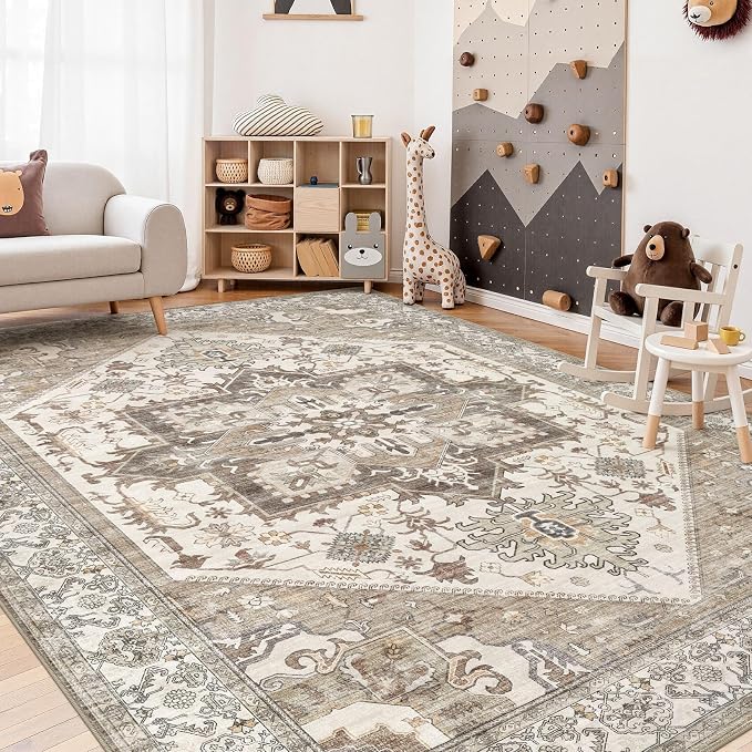 Area Rug for Living Room - 5x7 Washable Oriental Vintage Floral Large Soft Carpet - Fade Stain Resistant Non Slip Rugs for Bedroom Dining Room Nursery Dorm Office Home Decor - Beige Brown