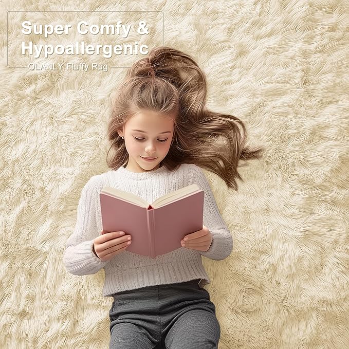 OLANLY 5x7 Machine Washable Large Area Rugs for Living Room, Bedroom, Soft Fluffy Shaggy Bedside Rug, Indoor Floor Carpet for Kids Girls and Boys, Dorms, Nursery, Home Decor Aesthetic, Cream
