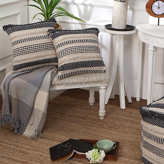 REDEARTH · Boho Textured Throw Pillow - Cushion Covers Woven Tufted Decorative Farmhouse Cases Set for Couch - Sofa - Bed - Dining - Patio - Outdoor - 100% Cotton (18"x18" -Precis Descant) Pack of 2